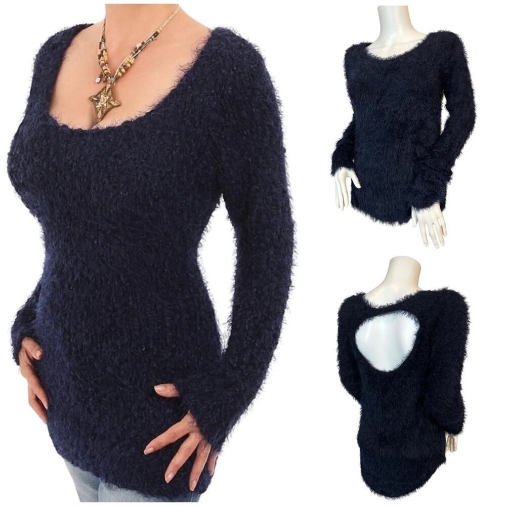 #T33 Chaser Eyelash Fuzzy Open Back Long Sleeve Sweater $98